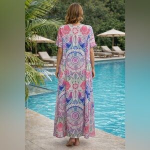 Judith March Peacock Print Maxi Kimono Swim Cover-Up